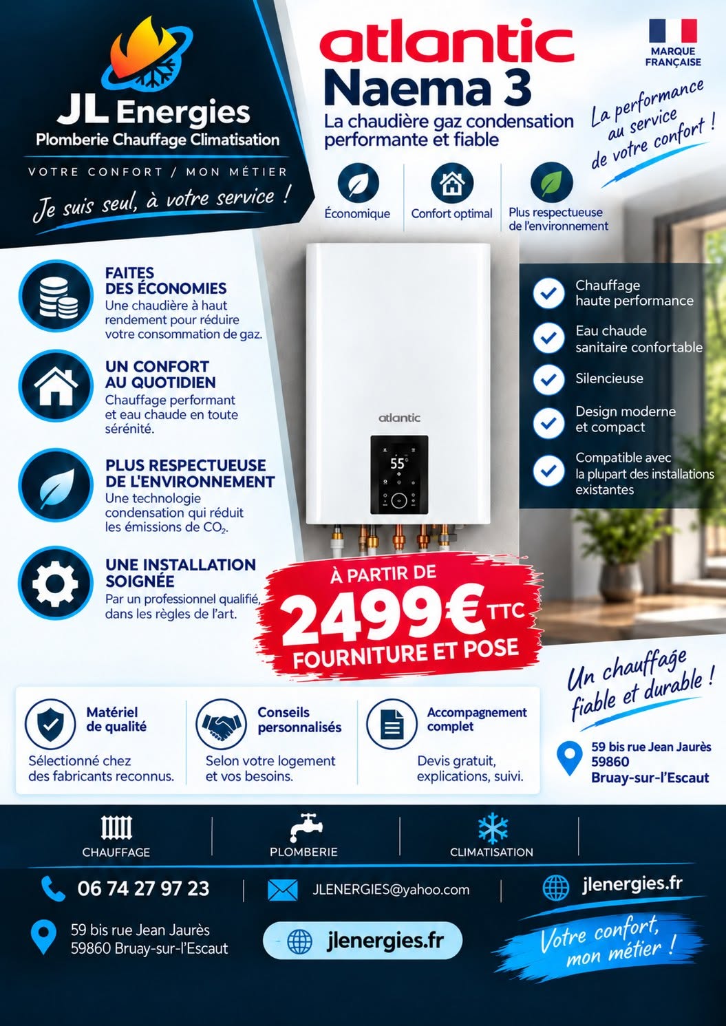 Flyer offre chaudière gaz condensation Atlantic Naema 3 JL Énergies Valenciennes — à partir de 2499€ TTC
