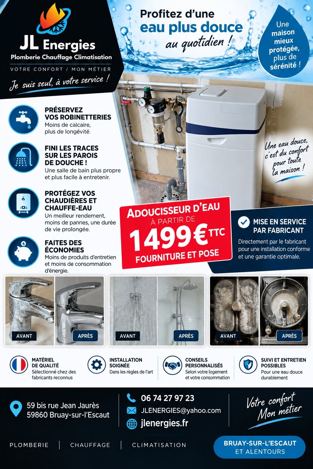Flyer offre adoucisseur d'eau JL Énergies Valenciennes — à partir de 1499€ TTC fourniture et pose